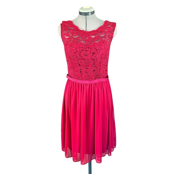 David's Bridal Apple Red Lace Top Tea Length Dress‎ Size 10 Lined Cocktail - Picture 1 of 7